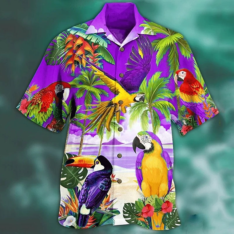 Herren Tier Papagei Palmblatt Hemd Hawaiihemd Sommerhemd Camp-Shirt Kurzarm Hemd Umlegekragen Modisch Designer Brautkleider schlicht Outdoor Strasse Casual Meerblau Meeresblau Rote 3D-Druck S M L 2025 - $14.49 –P7