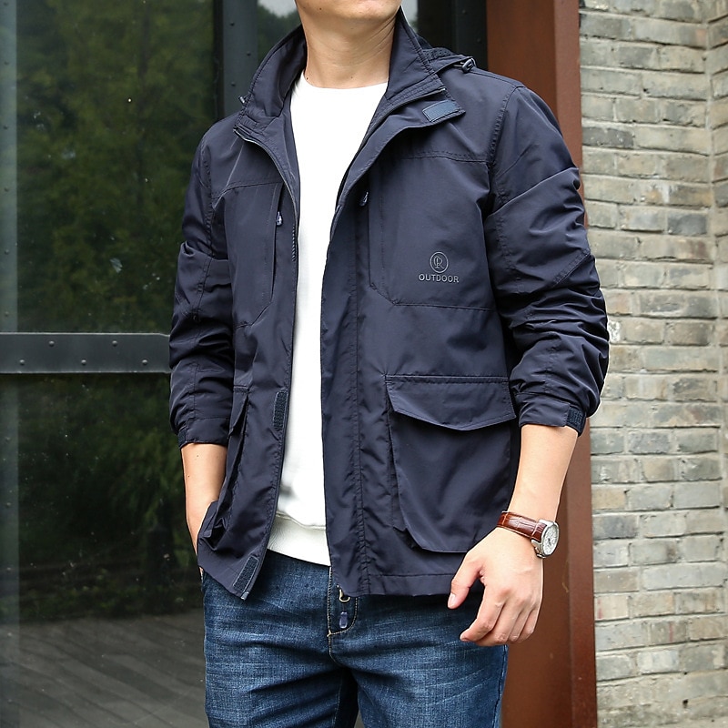 Hombre Chaqueta ligera Chaqueta de verano Chaqueta utilitaria Chaqueta tipo cargo Exterior Vacaciones Templado Bolsillo Otoño Invierno Plano Moda Ropa de calle Con Capucha Regular Negro Caqui Azul 2026 - $47.99 –P9