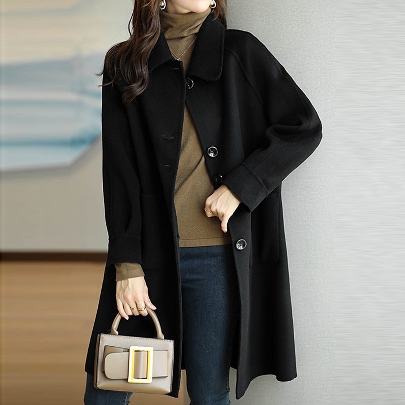 Women's Winter Coat Long Overcoat Single Breasted Lapel Pea Coat Thermal Warm Windproof Trench Coat with Pockets Elegant Outerwear Fall Outerwear Long Sleeve Gray Black 2023 - US $31.99 –P6