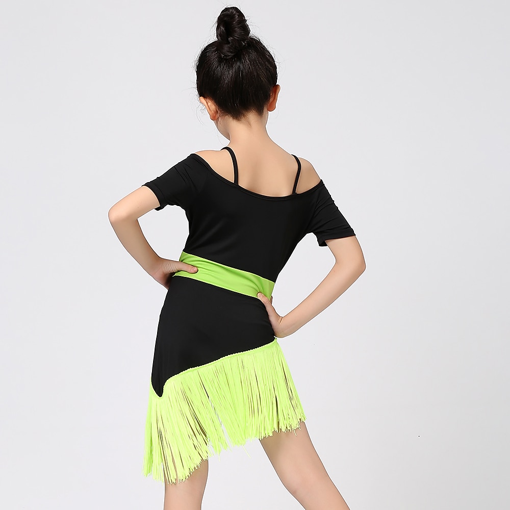 Baile Latino Ropa de Baile para Niños Vestido Borla Corte Chica Rendimiento Entrenamiento Manga Corta Cintura Alta Mezcla de Algodón 2025 - $26.99 -P3