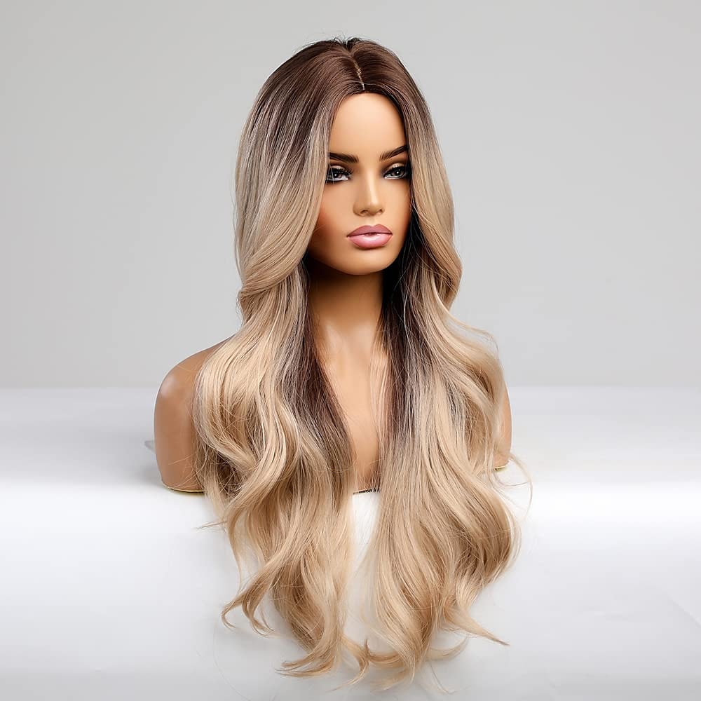 parrucca bionda lunga ombre per le donne 26 pollici parrucche ondulate bionde sintetiche parte centrale capelli resistenti al calore lunga parrucca bionda per abbigliamento da festa quotidiano del 2025 a $36.99 –P3