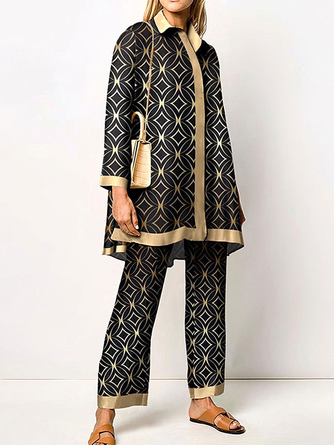 Women's 2 Pieces Elegant Vintage Fashion Shirt Blouse Pants Sets Pants Trousers Long Sleeve Shirt Collar Graphic Print Casual Daily Dark Navy Green Clover Fall & Winter Regular Fit 2025 - $49.99 –P2