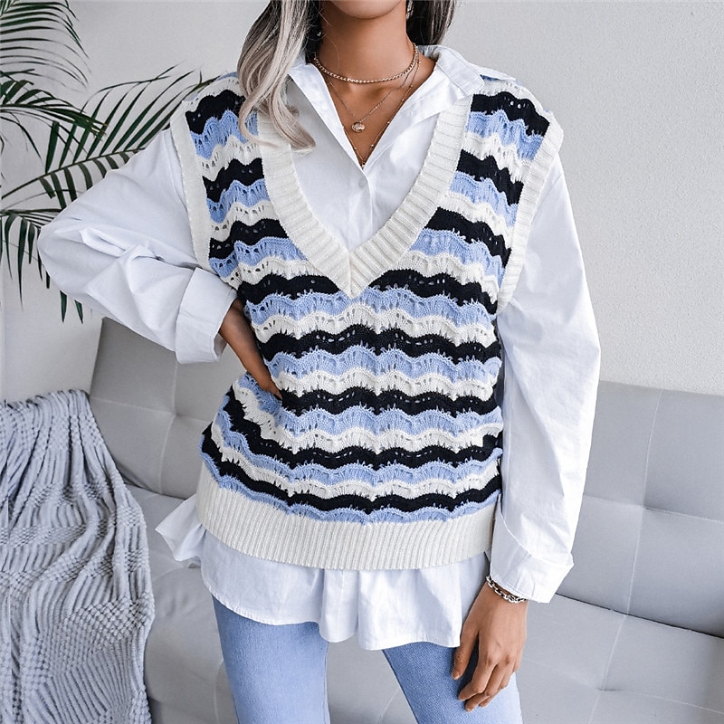 Women's Sweater Vest V Neck Cable Knit Acrylic Knitted Fall Winter Outdoor Daily Holiday Stylish Casual Soft Sleeveless Striped Blue Khaki Gray S M L 2023 - US $21.99 –P13