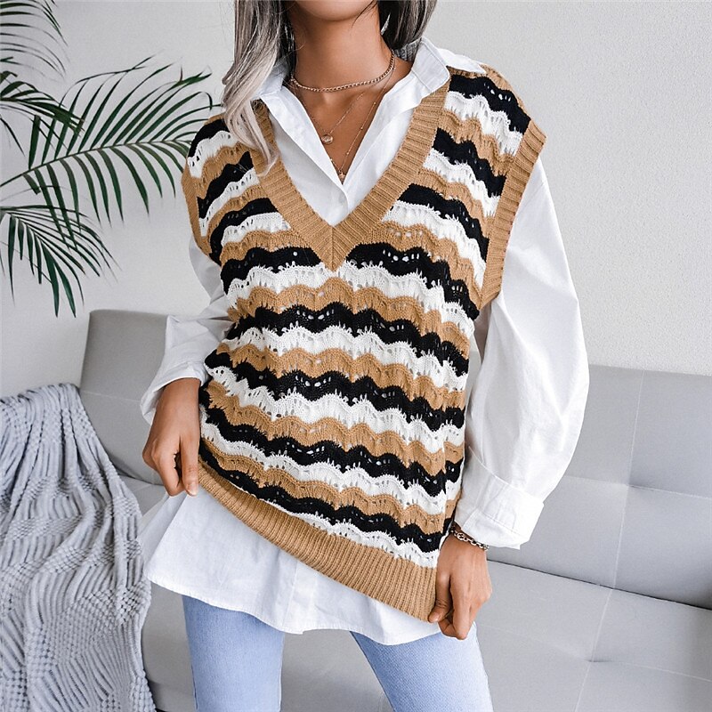 Women's Sweater Vest V Neck Cable Knit Acrylic Knitted Fall Winter Outdoor Daily Holiday Stylish Casual Soft Sleeveless Striped Blue Khaki Gray S M L 2023 - US $21.99 –P6