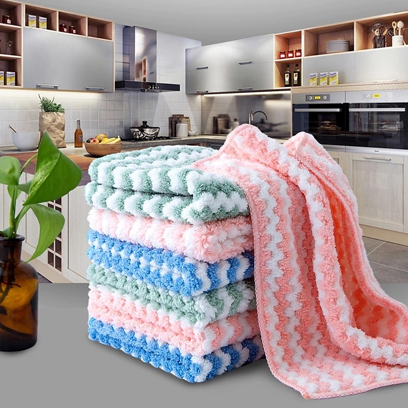 New Kitchen Cleaning Rag Coral Fleece Dish Washing Cloth Super Absorbent  Scouring Pad Dry And Wet