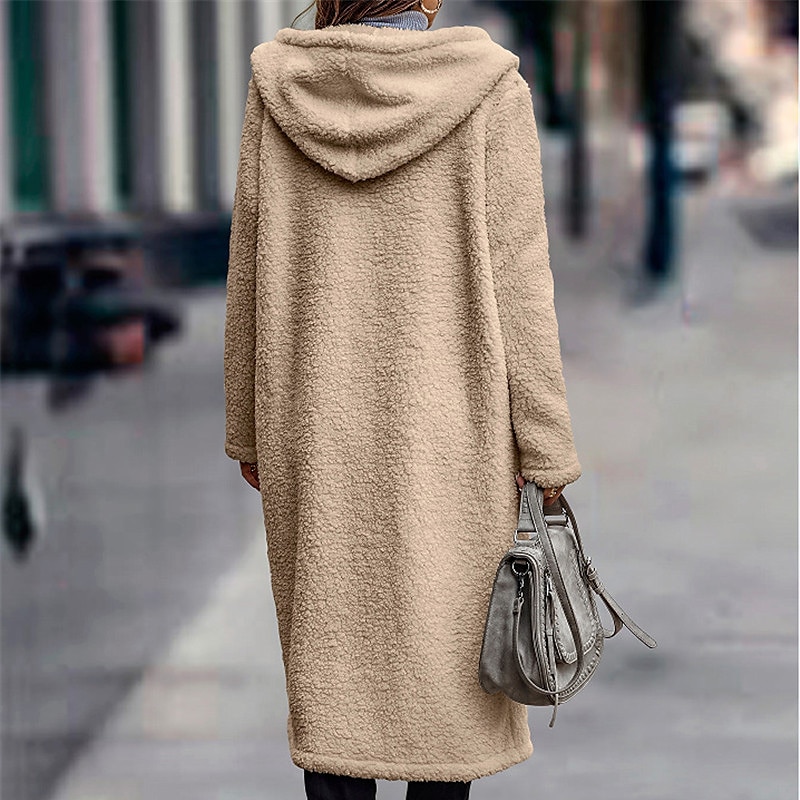 Women's Long Teddy Coat Fall Sherpa Jacket Warm Fleece Daily Going out Button Pocket Buttoned Front Hoodie Casual Solid Color Regular Fit Outerwear Long Sleeve Winter Black Brown Chocolate S M L XL 2024 - $41.99 –P3