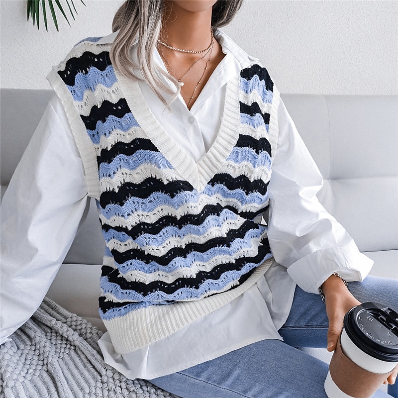 Women's Sweater Vest V Neck Cable Knit Acrylic Knitted Fall Winter Outdoor Daily Holiday Stylish Casual Soft Sleeveless Striped Blue Khaki Gray S M L 2023 - US $21.99 –P16