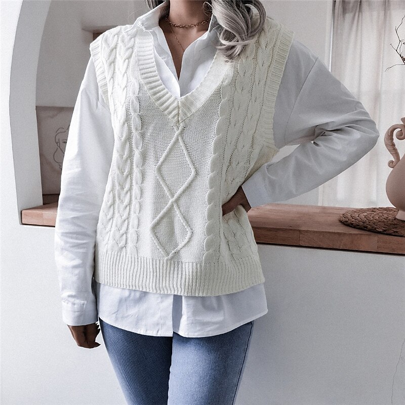 Women's Sweater Vest V Neck Cable Knit Acrylic Knitted Fall Winter Outdoor Daily Holiday Stylish Casual Soft Sleeveless Pure Color White Beige Coffee S M L 2023 - US $22.99 –P8