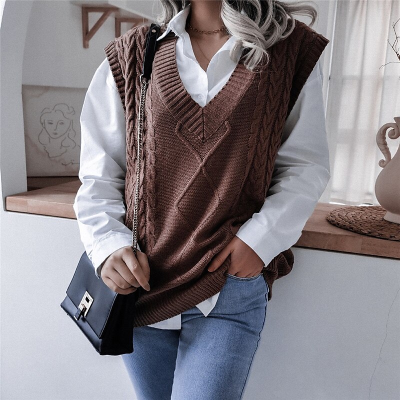 Women's Sweater Vest V Neck Cable Knit Acrylic Knitted Fall Winter Outdoor Daily Holiday Stylish Casual Soft Sleeveless Pure Color White Beige Coffee S M L 2023 - US $22.99 –P5