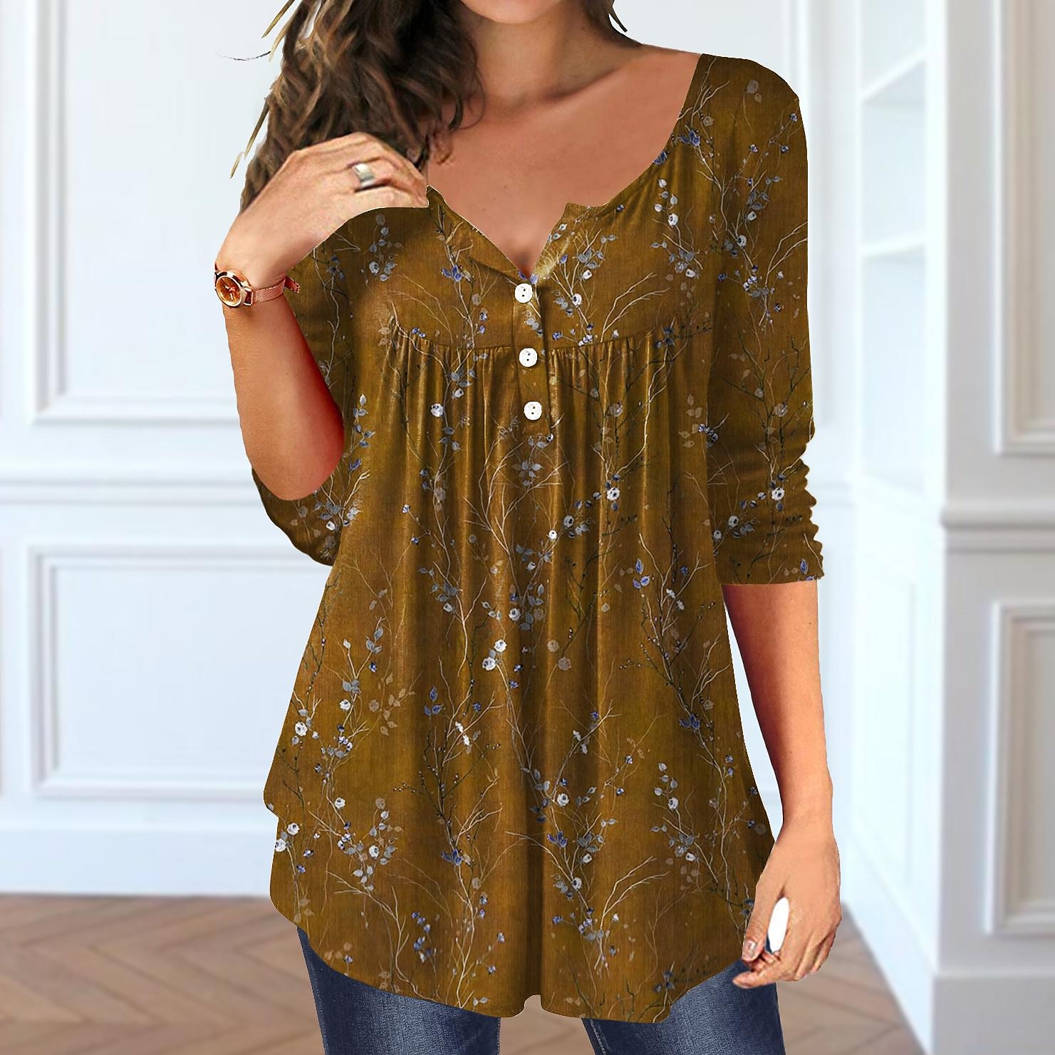 Femme T shirt Hauts habillés Floral Tuniques basique manche longue Col Rond Hauts réguliers Vacances Fin de semaine Boutons Imprimer Tunique fluide Jaune Rose Claire Bleu Violet Vert Automne hiver de 2025 ? $27.99 –P5