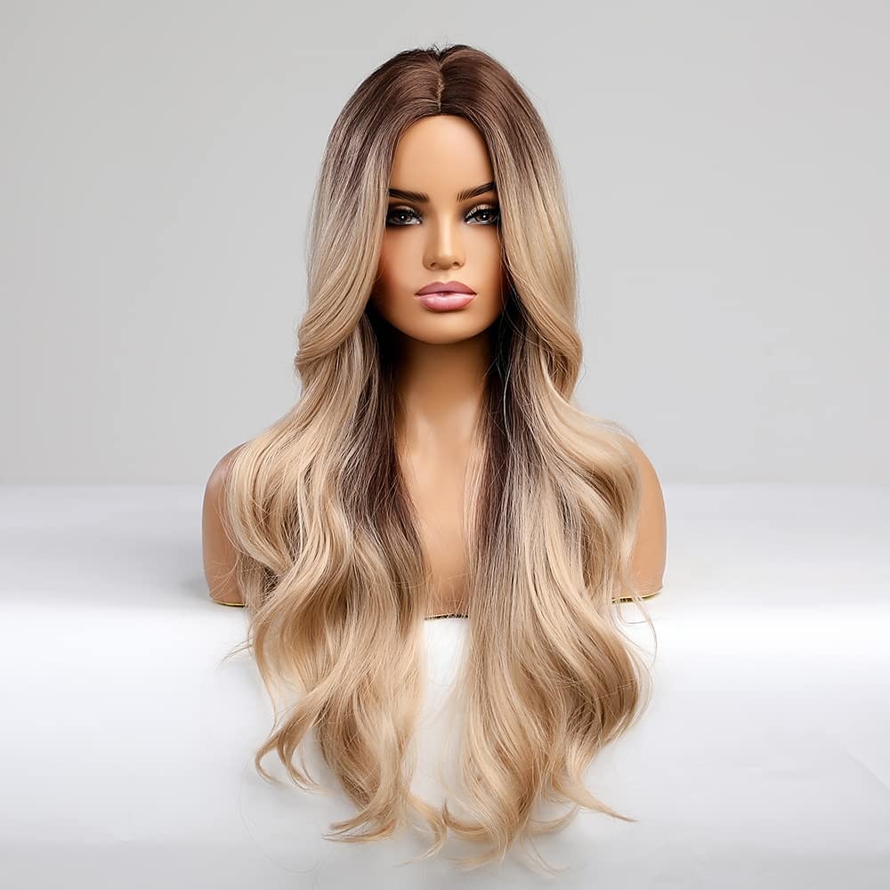 parrucca bionda lunga ombre per le donne 26 pollici parrucche ondulate bionde sintetiche parte centrale capelli resistenti al calore lunga parrucca bionda per abbigliamento da festa quotidiano del 2025 a $36.99 –P2