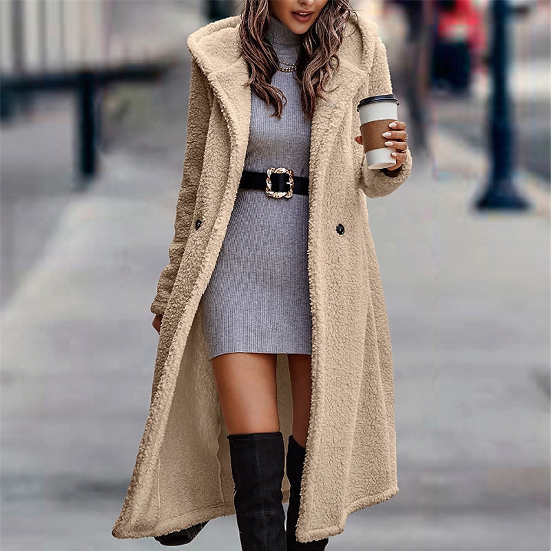 Women's Long Teddy Coat Fall Sherpa Jacket Warm Fleece Daily Going out Button Pocket Buttoned Front Hoodie Casual Solid Color Regular Fit Outerwear Long Sleeve Winter Black Brown Chocolate S M L XL 2024 - $41.99 –P2