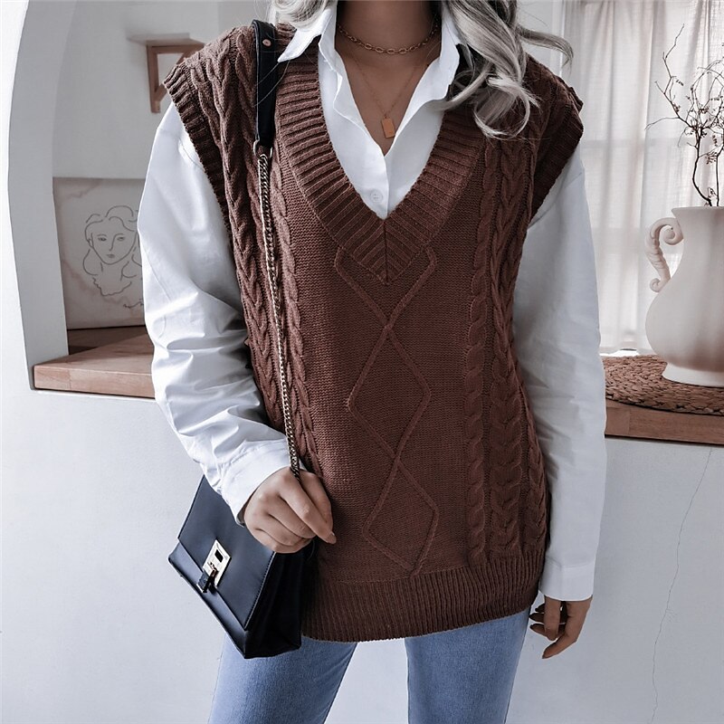 Women's Sweater Vest V Neck Cable Knit Acrylic Knitted Fall Winter Outdoor Daily Holiday Stylish Casual Soft Sleeveless Pure Color White Beige Coffee S M L 2023 - US $22.99 –P4
