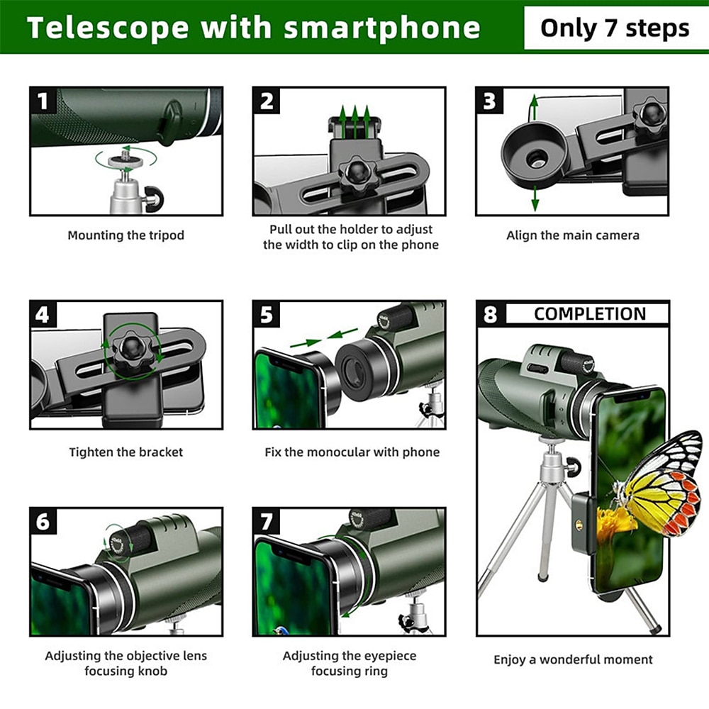 50x60 Monocular Telescope Phone Camera Waterproof Monocular Focus with Single Hand Clear Low Light Night Vision for Star Watching Ball Games Sightseeing Travel Camping Hiking Smartphone Adapter 2025 - $29.99 –P9