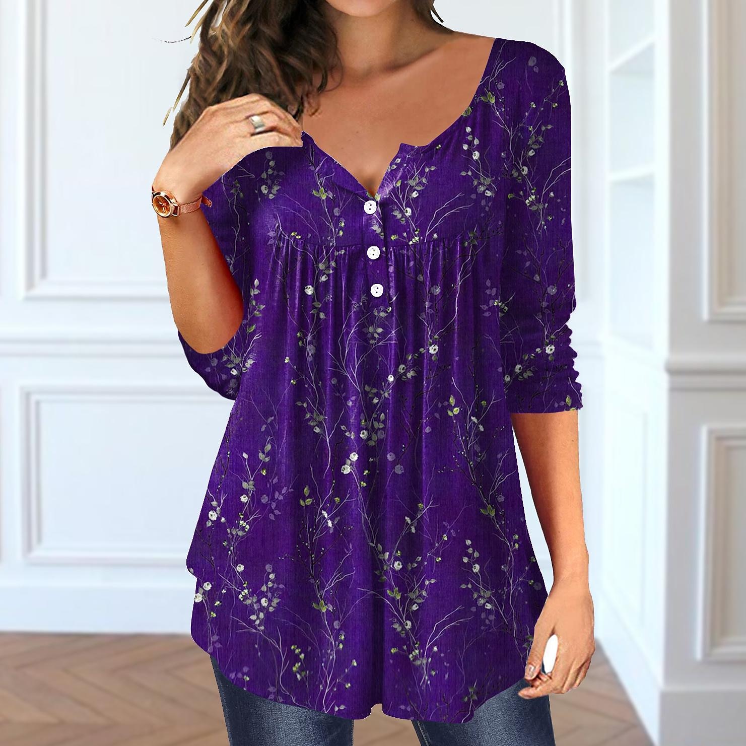 Femme T shirt Hauts habillés Floral Tuniques basique manche longue Col Rond Hauts réguliers Vacances Fin de semaine Boutons Imprimer Tunique fluide Jaune Rose Claire Bleu Violet Vert Automne hiver de 2025 ? $27.99 –P4