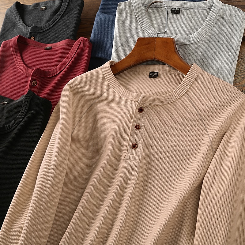 Herr Waffle Henley Shirt Henleytröja T-shirts Långärmad tröja Slät Henley Sport Arbetskläder Långärmad Button-Down Kläder Mode Streetwear Ledigt 2025 - $21.99 –P2