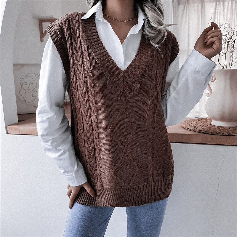 Women's Sweater Vest V Neck Cable Knit Acrylic Knitted Fall Winter Outdoor Daily Holiday Stylish Casual Soft Sleeveless Pure Color White Beige Coffee S M L 2023 - US $22.99 –P2