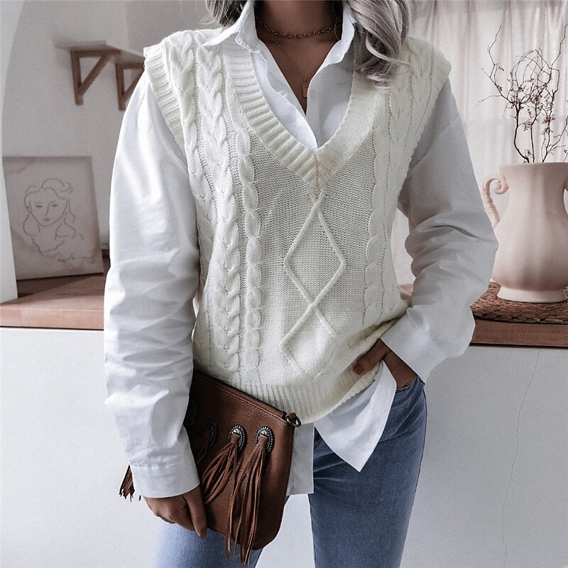 Women's Sweater Vest V Neck Cable Knit Acrylic Knitted Fall Winter Outdoor Daily Holiday Stylish Casual Soft Sleeveless Pure Color White Beige Coffee S M L 2023 - US $22.99 –P10