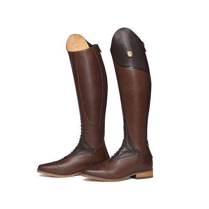 Dame Støvler Sykkelstøvler Brede kalvesøvler Ridestøvler utendørs Daglig Fargeblokk Knehøye Støvler Tykk hæl Spisstå Elegant minimalisme PU Tøfler Svart Brun 2025 - $54.99 –P6
