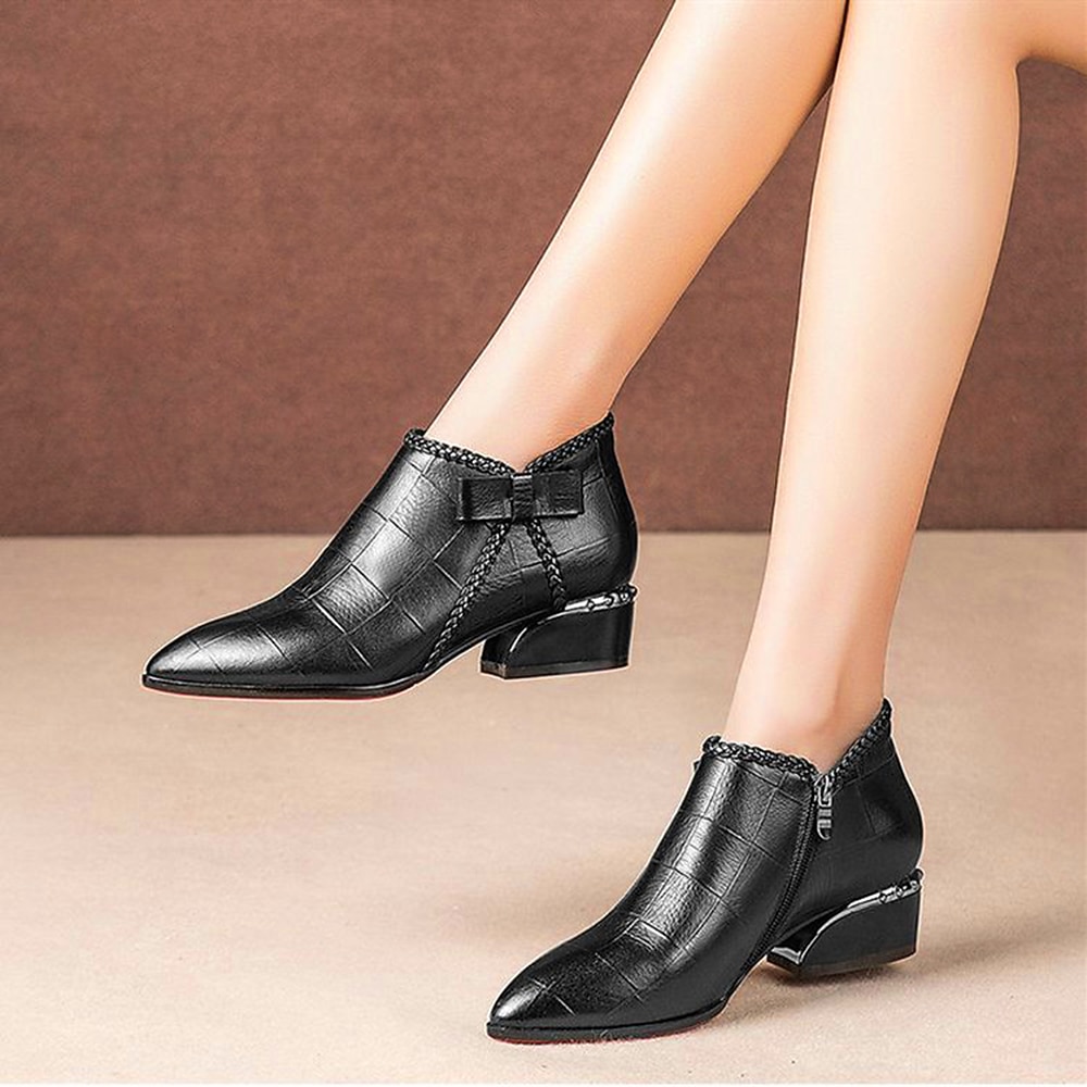 Women's Beige Faux Leather Ankle Boots with Bow and Block Heel, Elegant Pointed Toe Short Boots for Office and Party Wear 2026 - $34.99 –P6