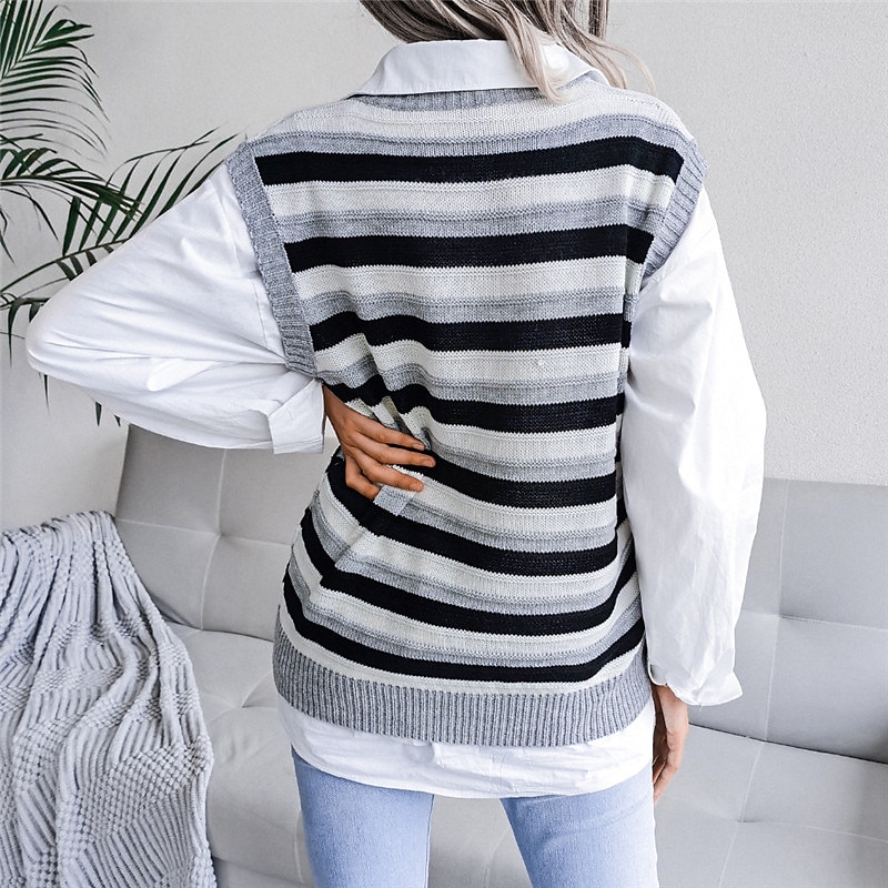 Women's Sweater Vest V Neck Cable Knit Acrylic Knitted Fall Winter Outdoor Daily Holiday Stylish Casual Soft Sleeveless Striped Blue Khaki Gray S M L 2023 - US $21.99 –P5