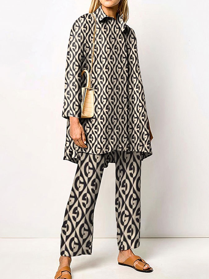 Women's 2 Pieces Elegant Vintage Fashion Shirt Blouse Pants Sets Pants Trousers Long Sleeve Shirt Collar Graphic Print Casual Daily Dark Navy Green Clover Fall & Winter Regular Fit 2025 - $49.99 –P4