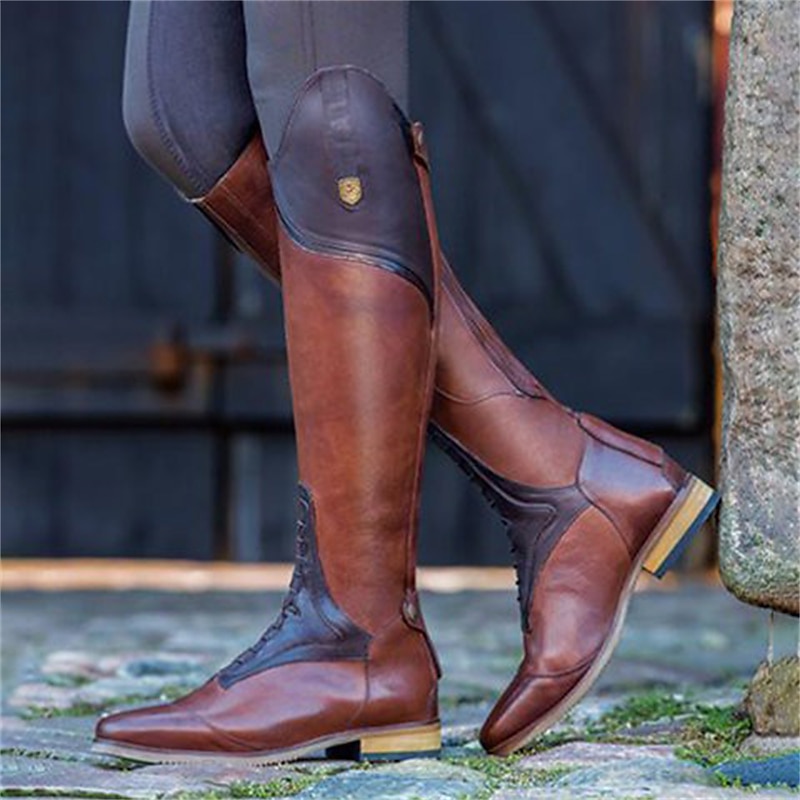 Dame Støvler Sykkelstøvler Brede kalvesøvler Ridestøvler utendørs Daglig Fargeblokk Knehøye Støvler Tykk hæl Spisstå Elegant minimalisme PU Tøfler Svart Brun 2025 - $54.99 –P2