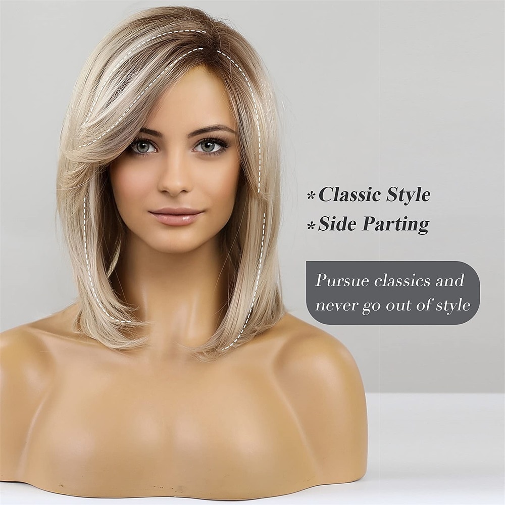 Ash Blonde Wigs for Women Bob Shoulder Length Layered Synthetic Dark Roots Hair Wig with Bangs Side Parting Christmas Party Wigs barbiecore Wigs 2025 - $29.99 –P8