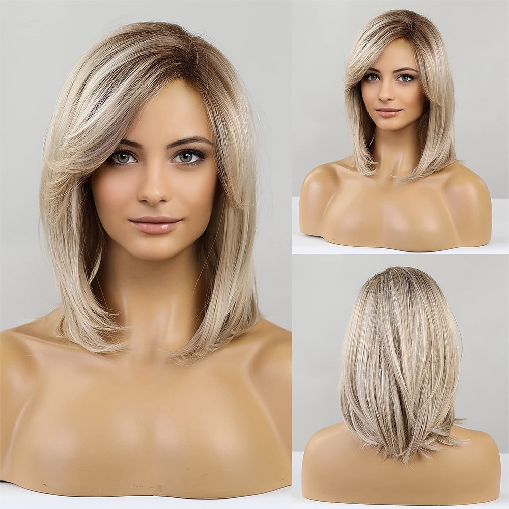 pelucas rubias ceniza para mujeres bob longitud del hombro en capas sintéticas raíces oscuras peluca de pelo con flequillo despedida lateral pelucas de fiesta de navidad pelucas barbiecore 2025 - $29.99 –P5