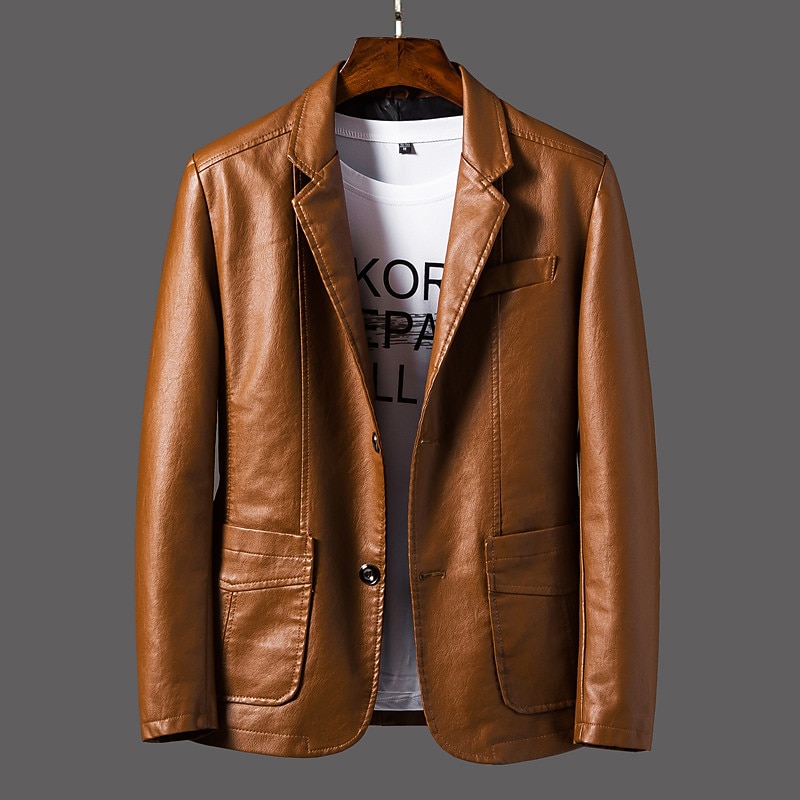 Herr Imitationsläderjacka Kontor & Karriär Dagliga kläder Varm Ficka Button-Down Vår & Höst Enfärgad / vanlig färg Stylish Uppvärmning Nedvikt Imitationsläder Mörkgul Vin Svart Jacka 2025 - $40.99 –P3