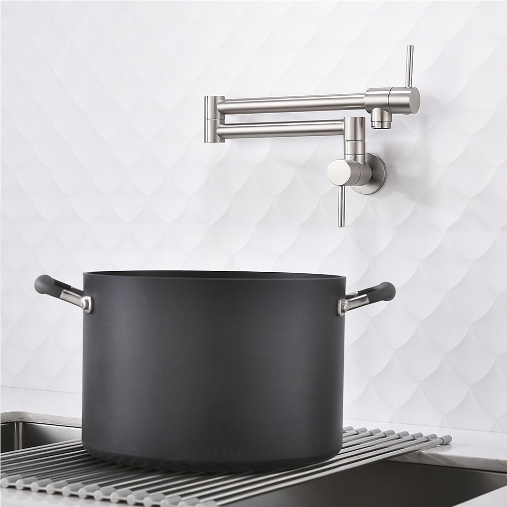 Grifo de cocina de llenado de ollas, níquel cepillado, fregadero plegable, solo grifos de agua fría, montaje en pared, grifo de cocina de olla de llenado plegable de latón, brazo oscilante de doble articulación, orificio simple, 2 manijas 2025 - $129.99 –P4