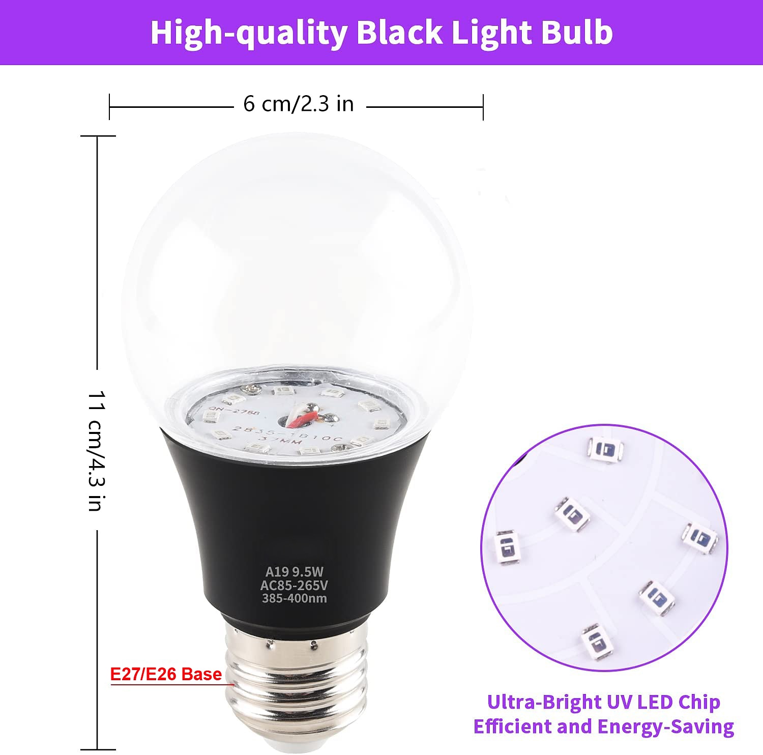 2 peças 1 peça led preto uv halloween roxo lâmpada 9.5w substituição de lâmpada preta até 100w luz preta nível uva 385-400nm a19 atmosfera assustadora de halloween de 2025 por $10.99 –P7