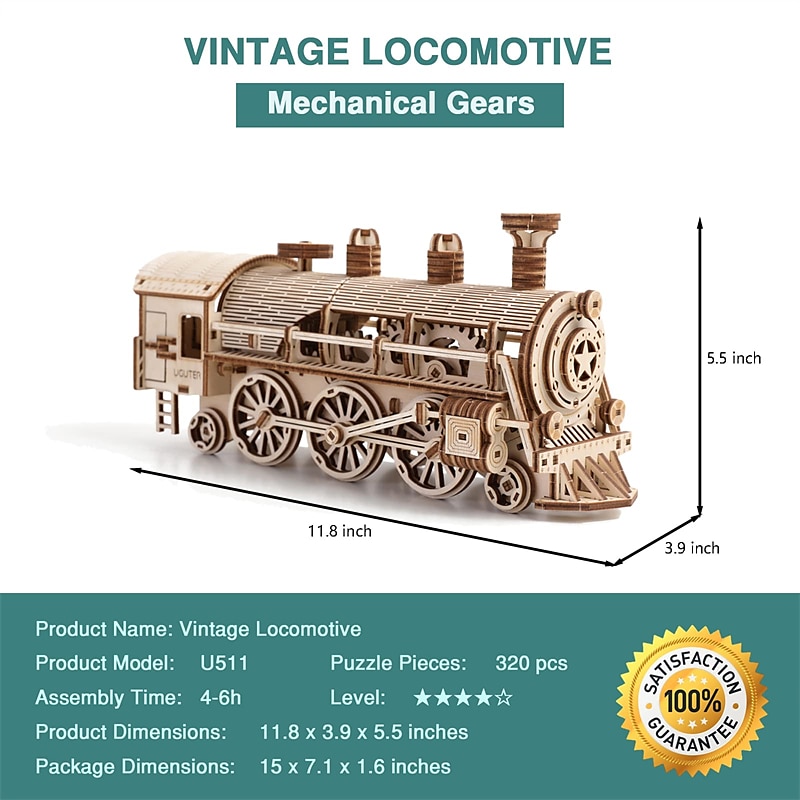 3D Wooden Puzzles Train Locomotive DIY Gear Drive Mechanical Model ...