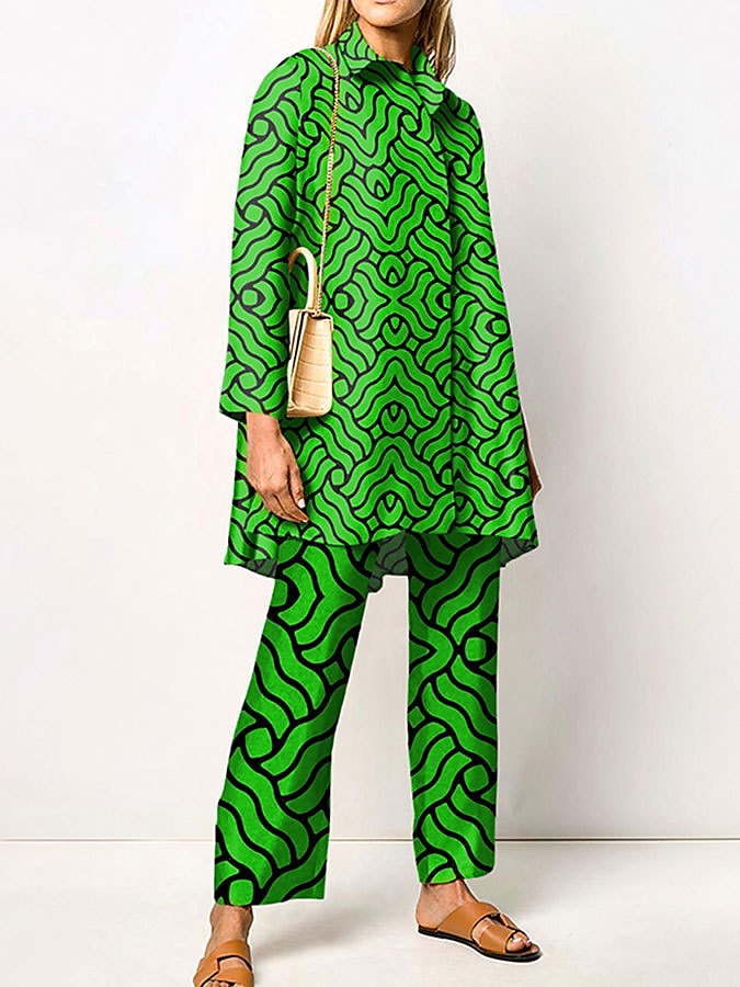 Women's 2 Pieces Elegant Vintage Fashion Shirt Blouse Pants Sets Pants Trousers Long Sleeve Shirt Collar Graphic Print Casual Daily Dark Navy Green Clover Fall & Winter Regular Fit 2025 - $49.99 –P1