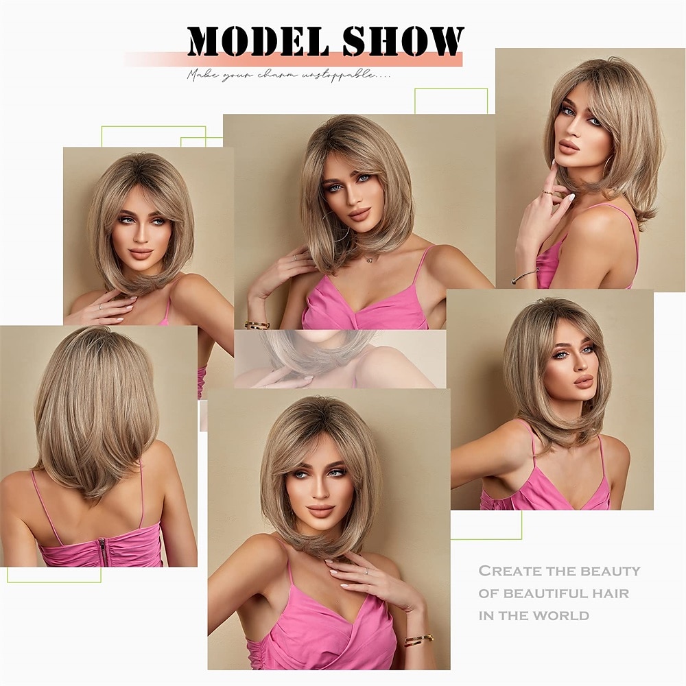 Ash Blonde Wigs for Women Bob Shoulder Length Layered Synthetic Dark Roots Hair Wig with Bangs Side Parting Christmas Party Wigs barbiecore Wigs 2025 - $29.99 –P6
