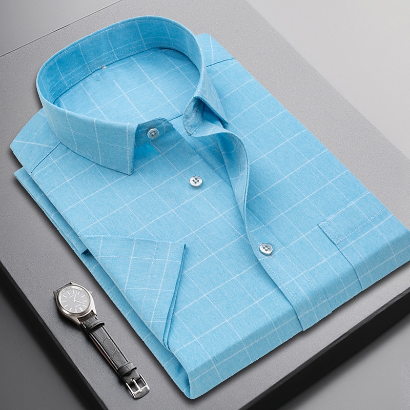 Per uomo Camicie Camicia non stirabile A quadri / A righe / Chevron Matrimonio Blu Grigio Azzurro Manica corta Collo ripiegabile Estate Primavera Abbigliamento del 2026 a $29.99 –P3