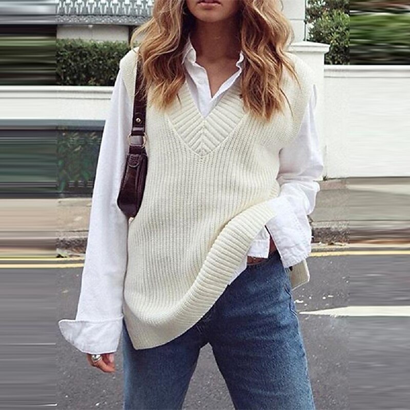 Women's Sweater Vest V Neck Crochet Knit Acrylic Knitted Fall Winter Outdoor Daily Going out Stylish Casual Soft Sleeveless Pure Color Maillard Black White Blue S M L 2023 - US $24.99 –P3
