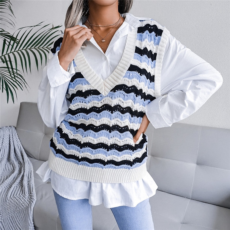 Women's Sweater Vest V Neck Cable Knit Acrylic Knitted Fall Winter Outdoor Daily Holiday Stylish Casual Soft Sleeveless Striped Blue Khaki Gray S M L 2023 - US $21.99 –P12