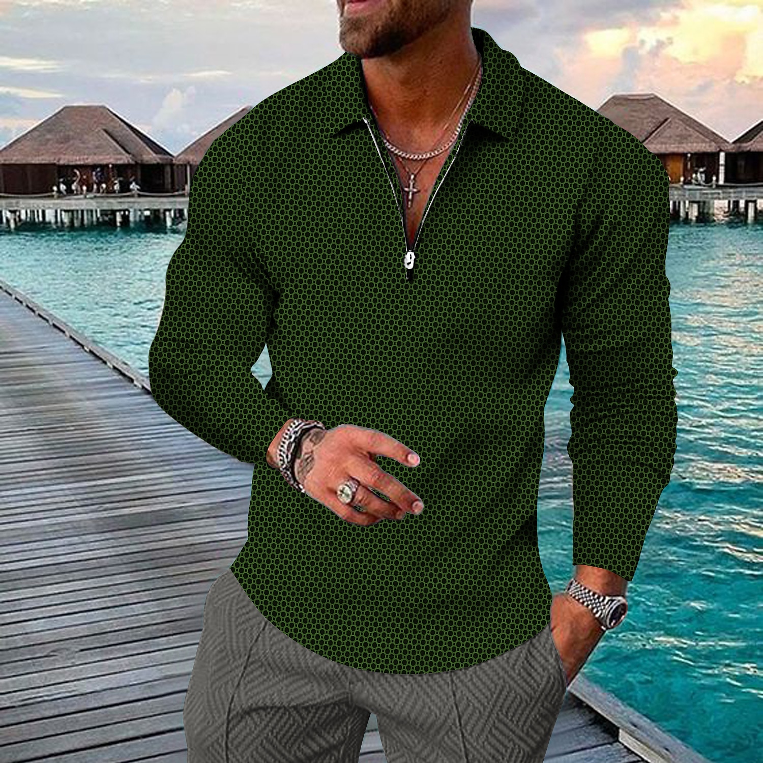 Herre Geometrisk Hawaii poloskjorter Golf skjorte Langermet Poloskjorter Skjorter med krage Fritid Strand Klær Ferieklær Festantrekk 3D-utskrift Kvart zip-polo Gul Rød Brun 2026 - $25.99 –P5