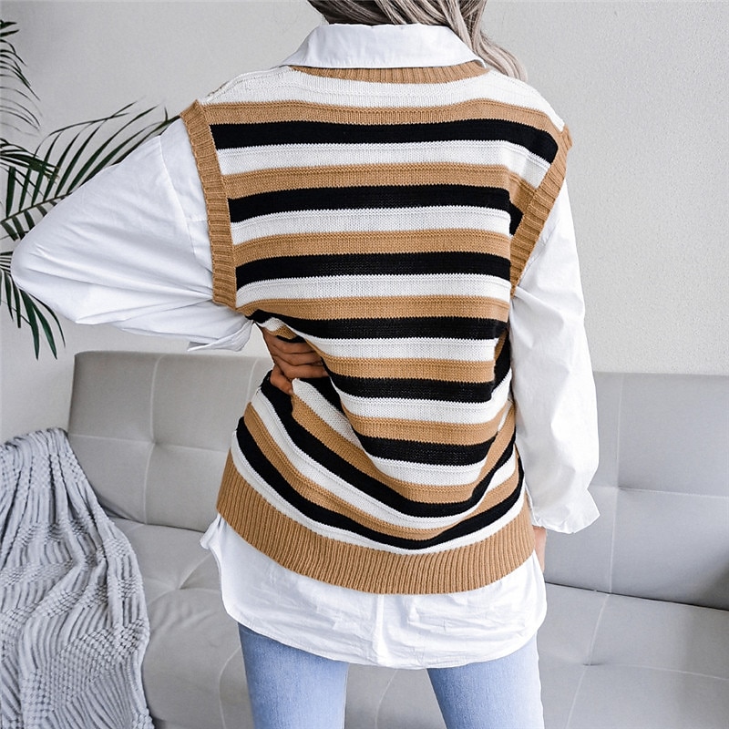 Women's Sweater Vest V Neck Cable Knit Acrylic Knitted Fall Winter Outdoor Daily Holiday Stylish Casual Soft Sleeveless Striped Blue Khaki Gray S M L 2023 - US $21.99 –P11