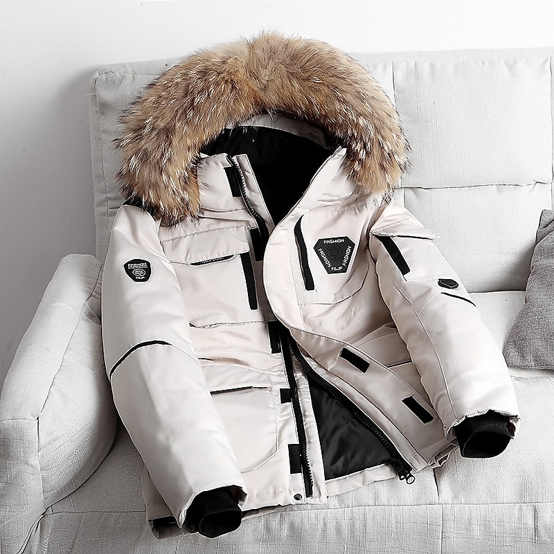 Men's Winter Coat Down Jacket Puffer Jacket Parka with Faux Fur 90% White duck down Sports & Outdoor Thermal Warm Winter Solid Color Black Wine Puffer Jacket 2025 - $76.99 –P1