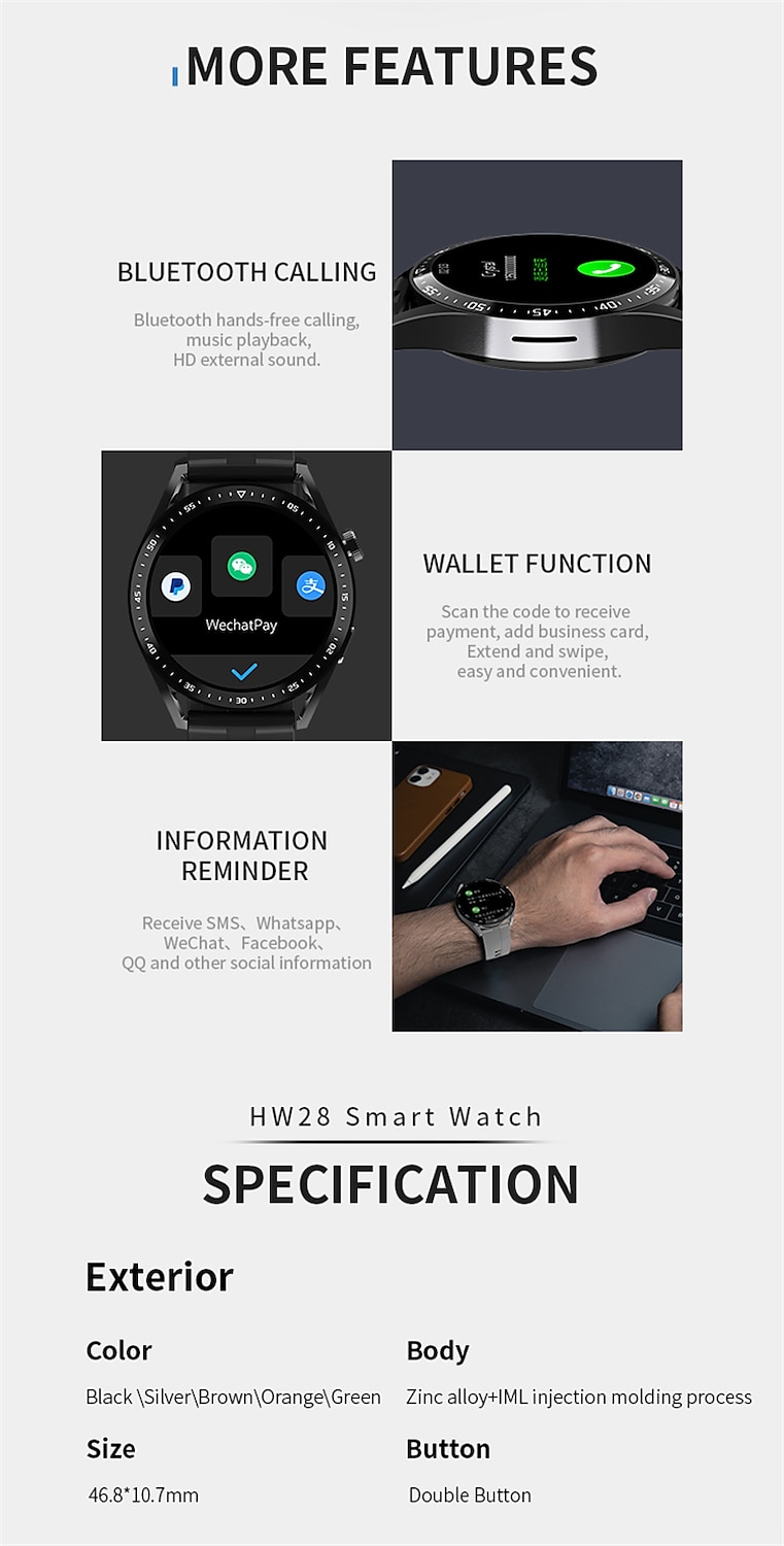 HW28 Slimme horloge 1.39 inch(es) Smart horloge Bluetooth Stappenteller Gespreksherinnering Activiteitentracker Compatibel met: Android iOS Heren Lange stand-by Handsfree bellen Waterbestendig IP 67 2025 - $59.99 –P11