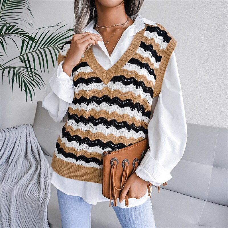 Women's Sweater Vest V Neck Cable Knit Acrylic Knitted Fall Winter Outdoor Daily Holiday Stylish Casual Soft Sleeveless Striped Blue Khaki Gray S M L 2023 - US $21.99 –P8