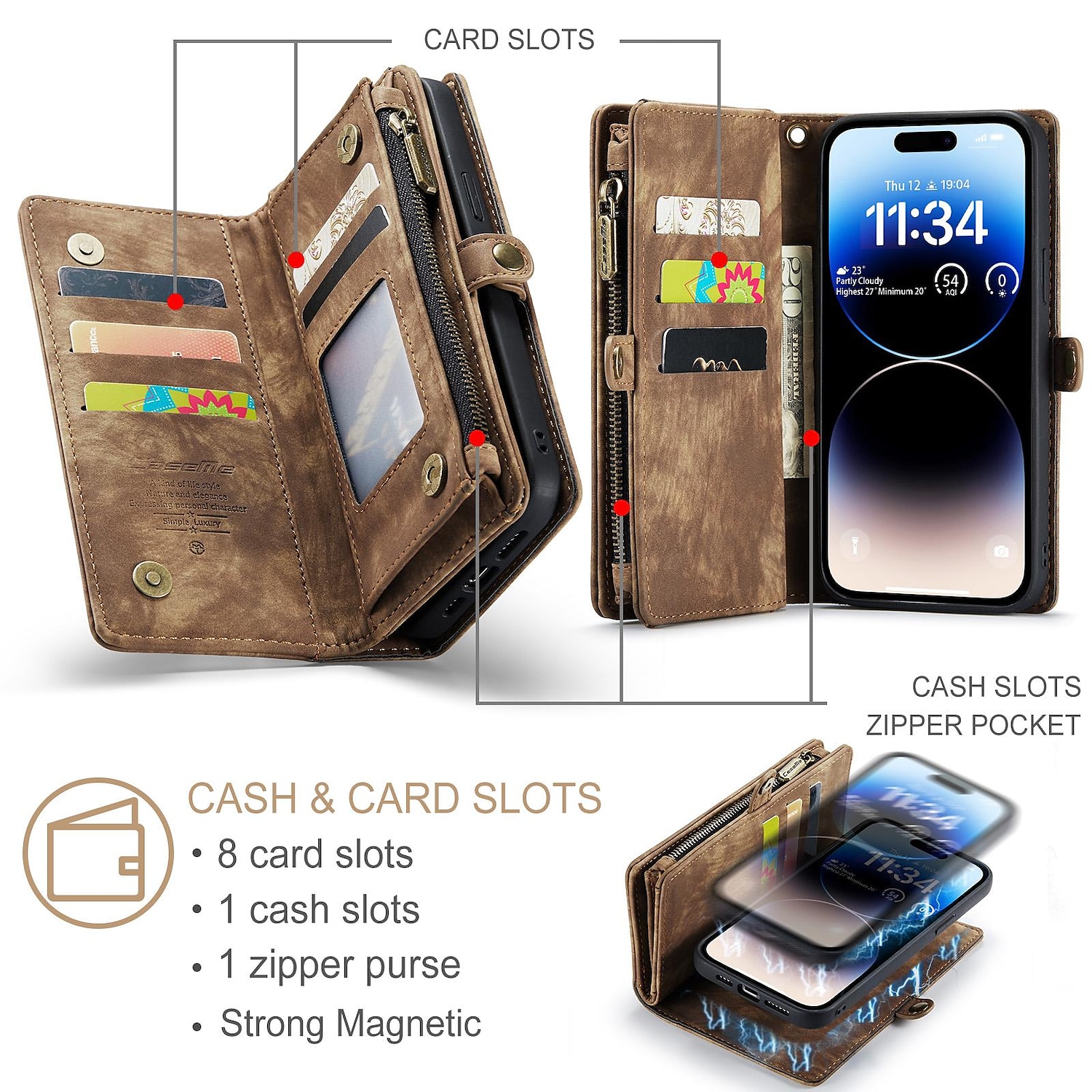 Чехол-кошелек CaseMe из кожи для Apple iPhone 16 15 14 Pro Max 13 12 11 X XR XS Max 8 7 многофункциональный магнитный классический фолио чехол с защитой с держателем для карточек 2025 - $32.99 –P5