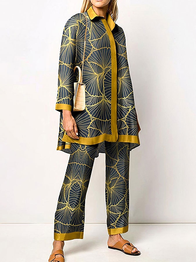 Women's 2 Pieces Elegant Vintage Fashion Shirt Blouse Pants Sets Pants Trousers Long Sleeve Shirt Collar Graphic Print Casual Daily Dark Navy Green Clover Fall & Winter Regular Fit 2025 - $49.99 –P3