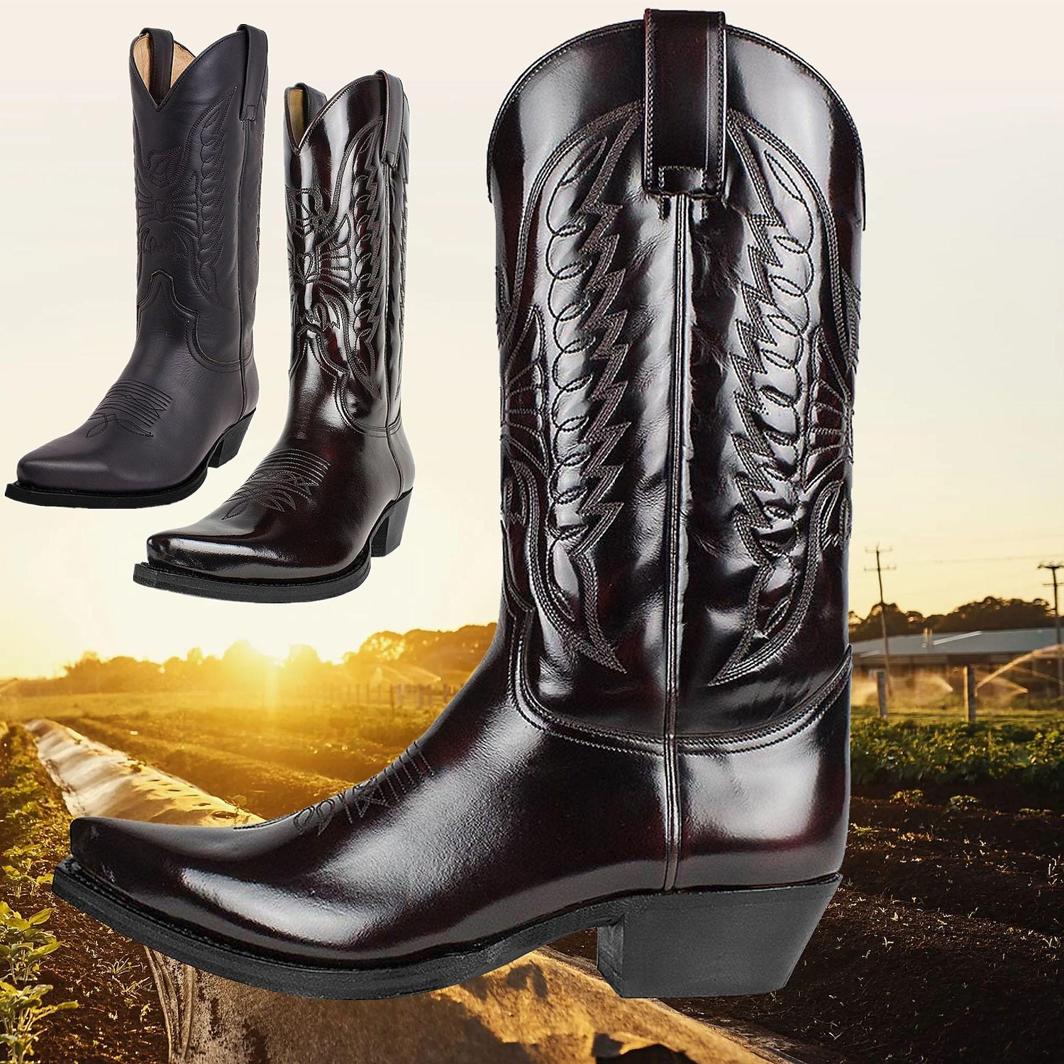 pánské klasické hnědé westernové kovbojské boty z umělé kůže - reliéfní vzor, špičatá špička a střední podpatek pro rodeo, ranč a běžné nošení 2025 - $59.99 –P18