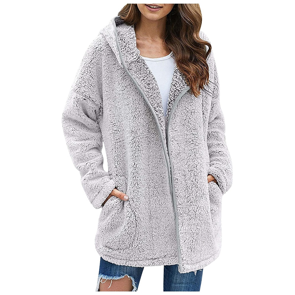 felpa con cappuccio con cerniera da donna, giacca in pile, cardigan vintage in peluche, soffice, tinta unita, casual da strada, per le vacanze, con cappuccio, tasca con cerniera, manica lunga, nero, del 2025 a $31.99 –P5