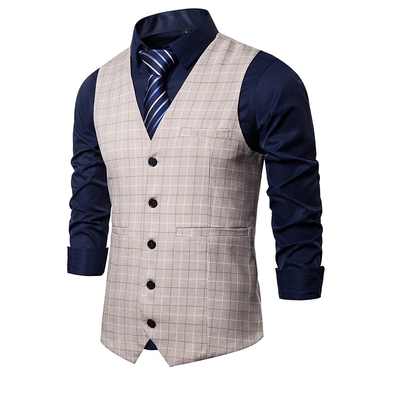 Men's Vest Waistcoat Wedding Office & Career Daily Wear Going out Business Retro Fall & Winter Button Pocket Polyester Outdoor Comfortable Casual Plaid Single Breasted V Wire Regular Fit Light Blue 2025 - $32.99 –P4