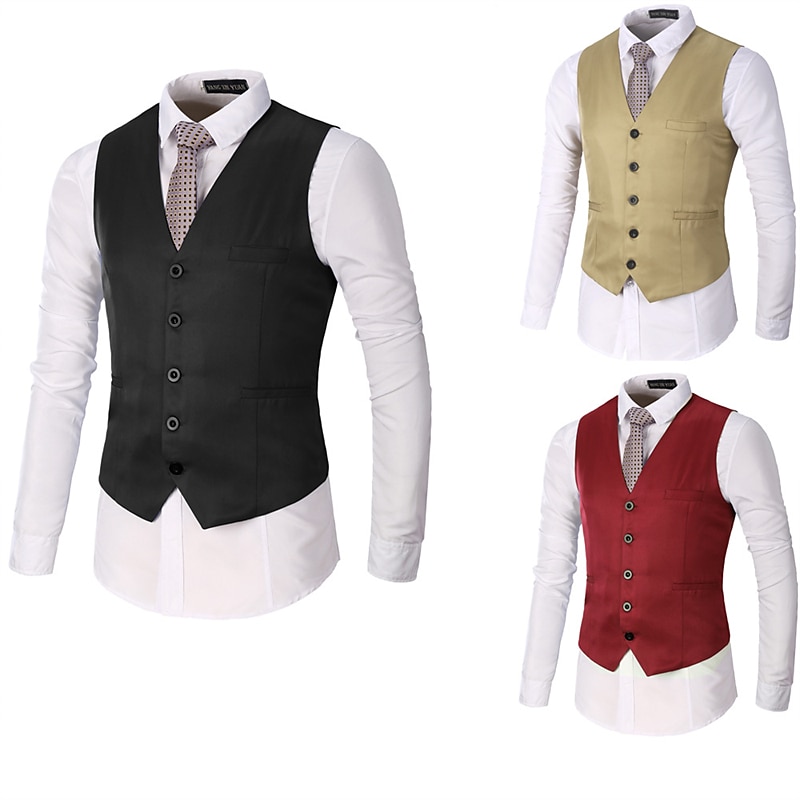 Hombre Chaleco Boda Oficina y carrera Ropa Cotidiana Noche Negocios Tradicional / Clásico Primavera Otoño Botón Bolsillo Poliéster 95% algodón Al Aire Libre Cómodo Boda Color puro Botonadura Simple 2025 - $24.99 –P1