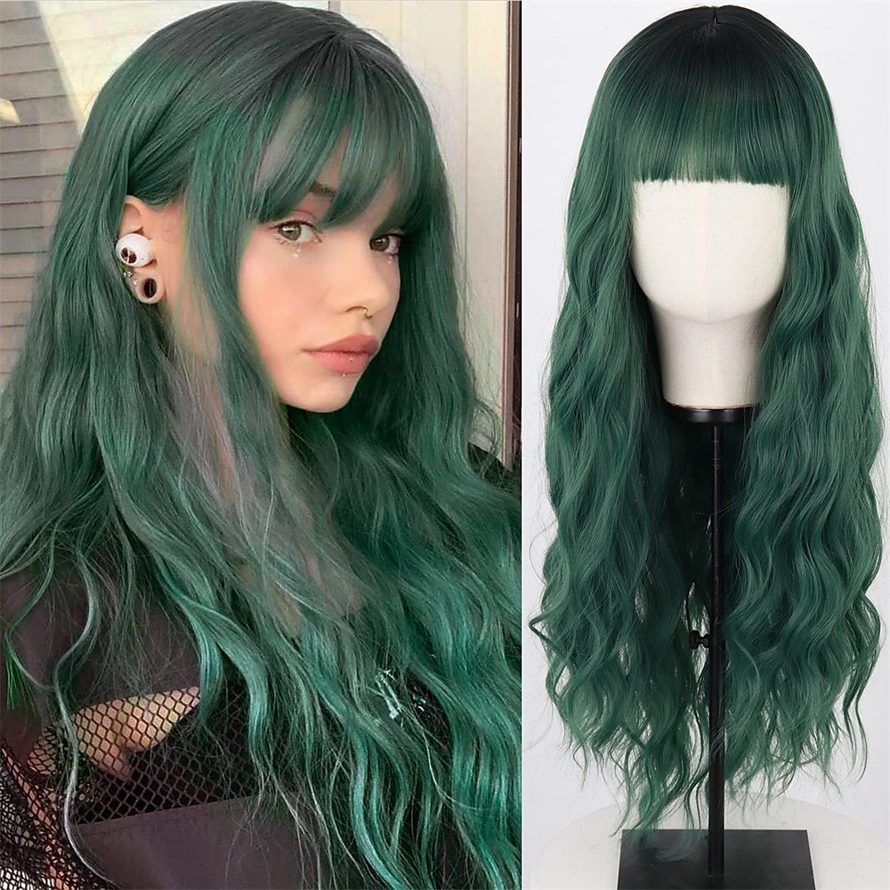 longue perruque vert foncé avec une frange ombre perruque verte bouclée pour les femmeslongue perruque cosplay vert foncé synthétique naturel à la recherche de perruques quotidiennes et de fête de de 2025 ? $28.99 –P1